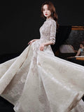 Elegant Lace Mid-sleeve Long Formal Dress, Champagne High Neck Evening Party Dress HZ0429