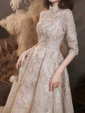 Elegant Lace Mid-sleeve Long Formal Dress, Champagne High Neck Evening Party Dress HZ0429