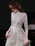 Elegant Lace Mid-sleeve Long Formal Dress, Champagne High Neck Evening Party Dress HZ0429