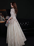Elegant Lace Mid-sleeve Long Formal Dress, Champagne High Neck Evening Party Dress HZ0429
