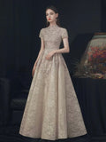 Beautiful Lace Short Sleeve Floor Length Prom Dress, Champagne High Neck Evening Party Dress HZ0429