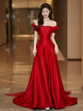 Red Satin Floor Length Prom Dress, Off the Shoulder Evening Party Dress HZ0429