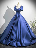 Blue Satin Long Prom Dress, Blue A-Line Short Sleeve Evening Party Dress HZ0429