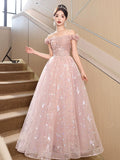 Pink Tulle Floor Length Prom Dress with Butterfly Sequins, Beautiful Off the Shoulder Evening Dress HZ0429