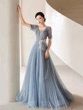 Dusty Blue Pleated Tulle Floor Length Prom Dress, Beautiful Short Sleeve Evening Party Dress HZ0429