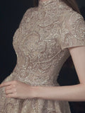Beautiful Lace Short Sleeve Floor Length Prom Dress, Champagne High Neck Evening Party Dress HZ0429
