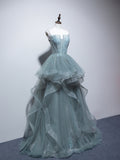 Dusty Green Spaghetti Strap Ruffled Floor-length Formal Dress, Cute Tulle Lace Evening Party Dress HZ0429