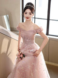 Pink Tulle Floor Length Prom Dress with Butterfly Sequins, Beautiful Off the Shoulder Evening Dress HZ0429