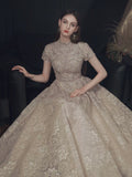 Beautiful Lace Short Sleeve Floor Length Prom Dress, Champagne High Neck Evening Party Dress HZ0429