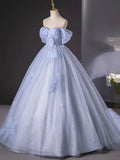 Blue Tulle Long A-Line Prom Dress Party Dress, Beautiful Off the Shoulder Blue Evening Dress HZ0429