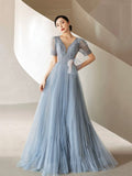 Dusty Blue Pleated Tulle Floor Length Prom Dress, Beautiful Short Sleeve Evening Party Dress HZ0429