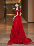 Red Satin Floor Length Prom Dress, Off the Shoulder Evening Party Dress HZ0429