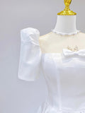 White Satin Short Sleeve Floor Length Prom Dress, White A-Line Party Dress HZ0429