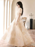Champagne Tulle Floor Length Prom Dress, Cute Short Sleeve Evening Dress HZ0429