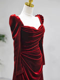 Elegant Velvet Floor Length Prom Dress, Burgundy Long Sleeve Evening Party Dress HZ0429
