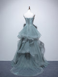 Dusty Green Spaghetti Strap Ruffled Floor-length Formal Dress, Cute Tulle Lace Evening Party Dress HZ0429