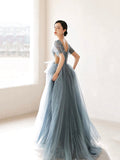 Dusty Blue Pleated Tulle Floor Length Prom Dress, Beautiful Short Sleeve Evening Party Dress HZ0429