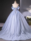Blue Tulle Long A-Line Prom Dress Party Dress, Beautiful Off the Shoulder Blue Evening Dress HZ0429