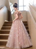 Pink Tulle Floor Length Prom Dress with Butterfly Sequins, Beautiful Off the Shoulder Evening Dress HZ0429