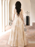 Champagne Tulle Floor Length Prom Dress, Cute Short Sleeve Evening Dress HZ0429