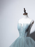 Dusty Green Spaghetti Strap Ruffled Floor-length Formal Dress, Cute Tulle Lace Evening Party Dress HZ0429