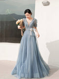 Dusty Blue Pleated Tulle Floor Length Prom Dress, Beautiful Short Sleeve Evening Party Dress HZ0429