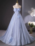 Blue Tulle Long A-Line Prom Dress Party Dress, Beautiful Off the Shoulder Blue Evening Dress HZ0429