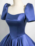 Blue Satin Long Prom Dress, Blue A-Line Short Sleeve Evening Party Dress HZ0429