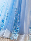 Blue Appliques Lace Flower Floor Length Prom Dresses, Beautiful V-Neck Short Sleeve Evening Dress HZ0429