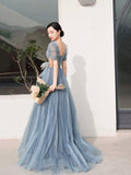 Dusty Blue Pleated Tulle Floor Length Prom Dress, Beautiful Short Sleeve Evening Party Dress HZ0429