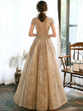 Cute Lace Short Sleeve High Low Prom Dress, A-Line High Neck Evening Party Dress HZ0429