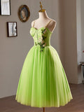Beautiful Green Lace Flower Short Party Dress, Lovely Spaghetti Straps Sleeveless Backless Evening Dress HZ0429