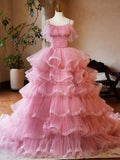 Pink Tulle Layers Long A-Line Prom Dress, Pink Spaghetti Strap Sweet 16 Dress Evening Dress HZ0429