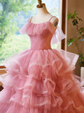 Pink Tulle Layers Long A-Line Prom Dress, Pink Spaghetti Strap Sweet 16 Dress Evening Dress HZ0429