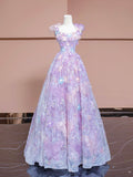 A-Line Purple Tulle Flowers Long Prom Dress, Beautiful Evening Party Dress HZ0429