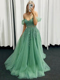 Green Tulle Lace Long Prom Dress, Off the Shoulder A-Line Evening Party Dress HZ0429