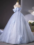 Blue Tulle Long A-Line Prom Dress Party Dress, Beautiful Off the Shoulder Blue Evening Dress HZ0429
