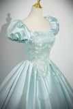Lovely Satin Lace Long Prom Dress, Ice Blue A-Line Short Sleeve Evening Party Dress HZ0429