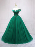 Green Tulle Beads Long Prom Dress, Beautiful Off the Shoulder Party Dress HZ0429