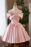 Pink Satin Short Prom Dress, Lovely A-Line Off the Shoulder Party Homecoming Dress HZ0429