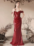 Burgundy Sequins Long Prom Dress, Mermaid Off the Shoulder Evening Party Dress HZ0429