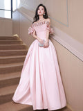 Off Shoulder Pink Satin Long Formal Dress, Pink Evening Dress Party Dress HZ0429