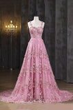 Pink Applique Long Prom Dress, A-Line Spaghetti Straps Formal Dress HZ0429