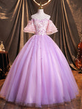 Purple Tulle Sequins Long Prom Dress, A-Line Off the Shoulder Evening Party Dress HZ0429