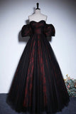 Black Tulle and Rose Print A-Line Prom Dress, Black Off Shoulder Evening Party Dress HZ0429