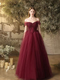 Burgundy Tulle Long A-Line Prom Dress, Off the Shoulder Evening Party Dress HZ0429