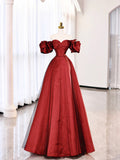 Burgundy Satin Polka Dot Tulle Prom Dress, Lovely Floor Length Short Sleeve Evening Dress HZ0429