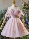 Pink Tulle Knee Length  A-Line Party Dress, Lovely Off the Shoulder Prom Dress HZ0429