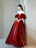 Burgundy Satin Rhinestone Floor Length Prom Dress, A-Line Off-The-Shoulder Princess Party Dress HZ0429