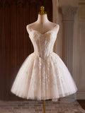 Champagne Strapless Tulle Sequins Short Prom Dress, Lovely Sweetheart Homecoming Party Dress HZ0429